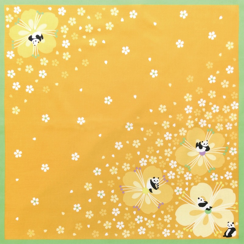 【新登場！安心の日本製！上品なコットンローンはんかち！　和心～桜と動物シリーズ】桜とパンダ　オレンジ