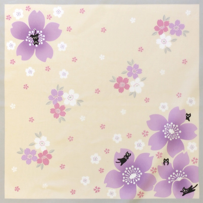 【ご紹介します！安心の日本製！上品なコットンローンはんかち！　和心～桜と動物シリーズ】桜と猫　紫