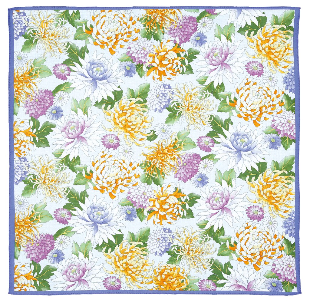 【新登場！安心の日本製！美しい花々の上品なハンカチーフ】百花繚乱　大判ハンカチ　菊　A.ブルー
