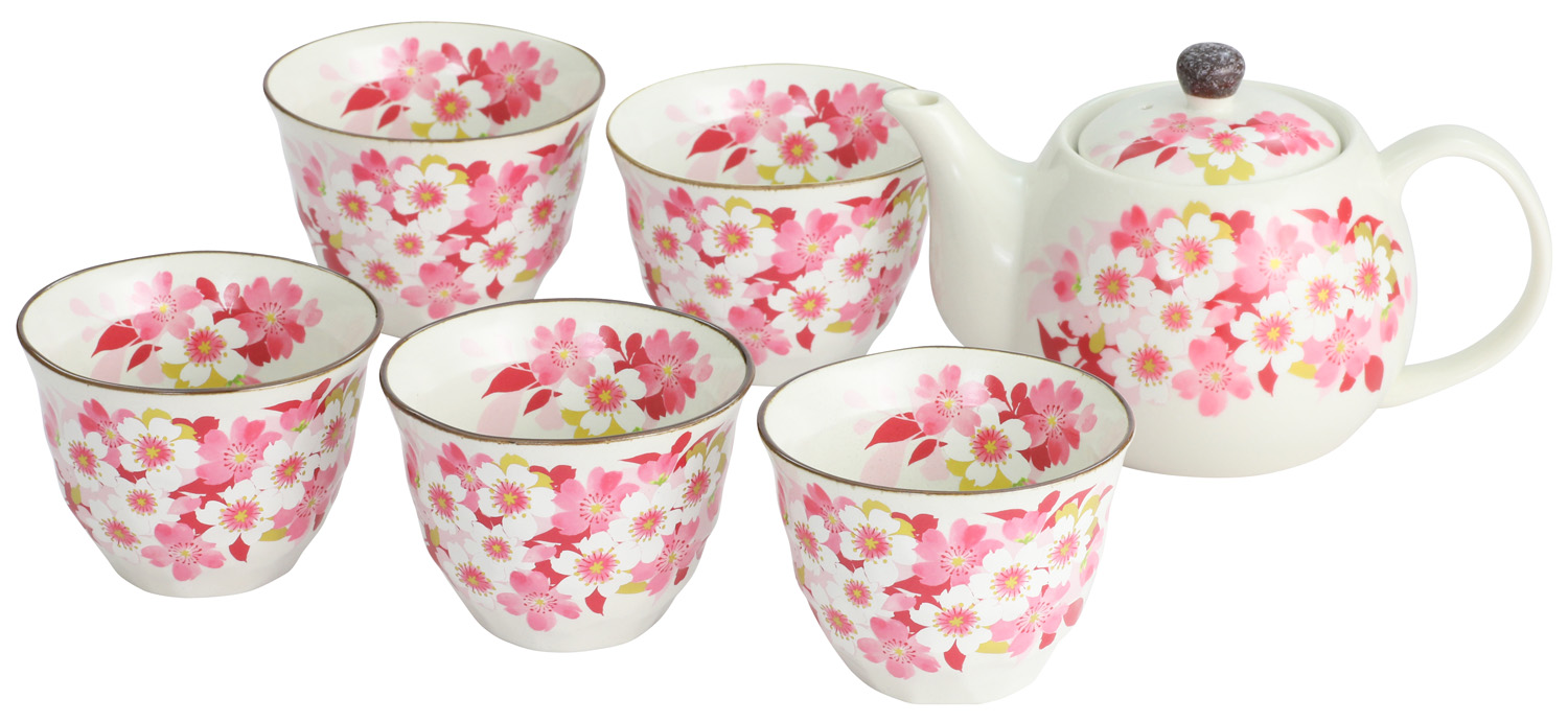 【ご紹介します！安心の日本製！人気の桜の食器！】華笑み5客ポット茶器