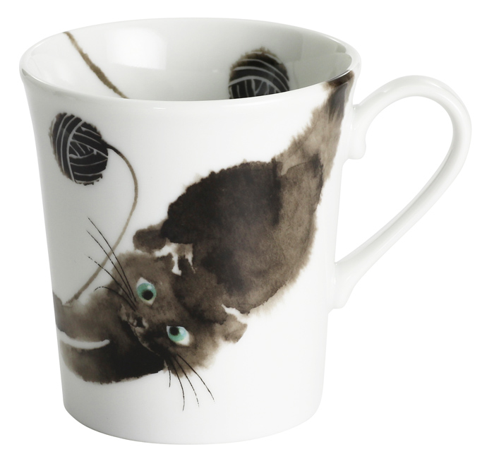 【ご紹介します！安心の日本製！人気の猫の食器！】モコ猫マグカップ黒　背のび（1ｘ3）
