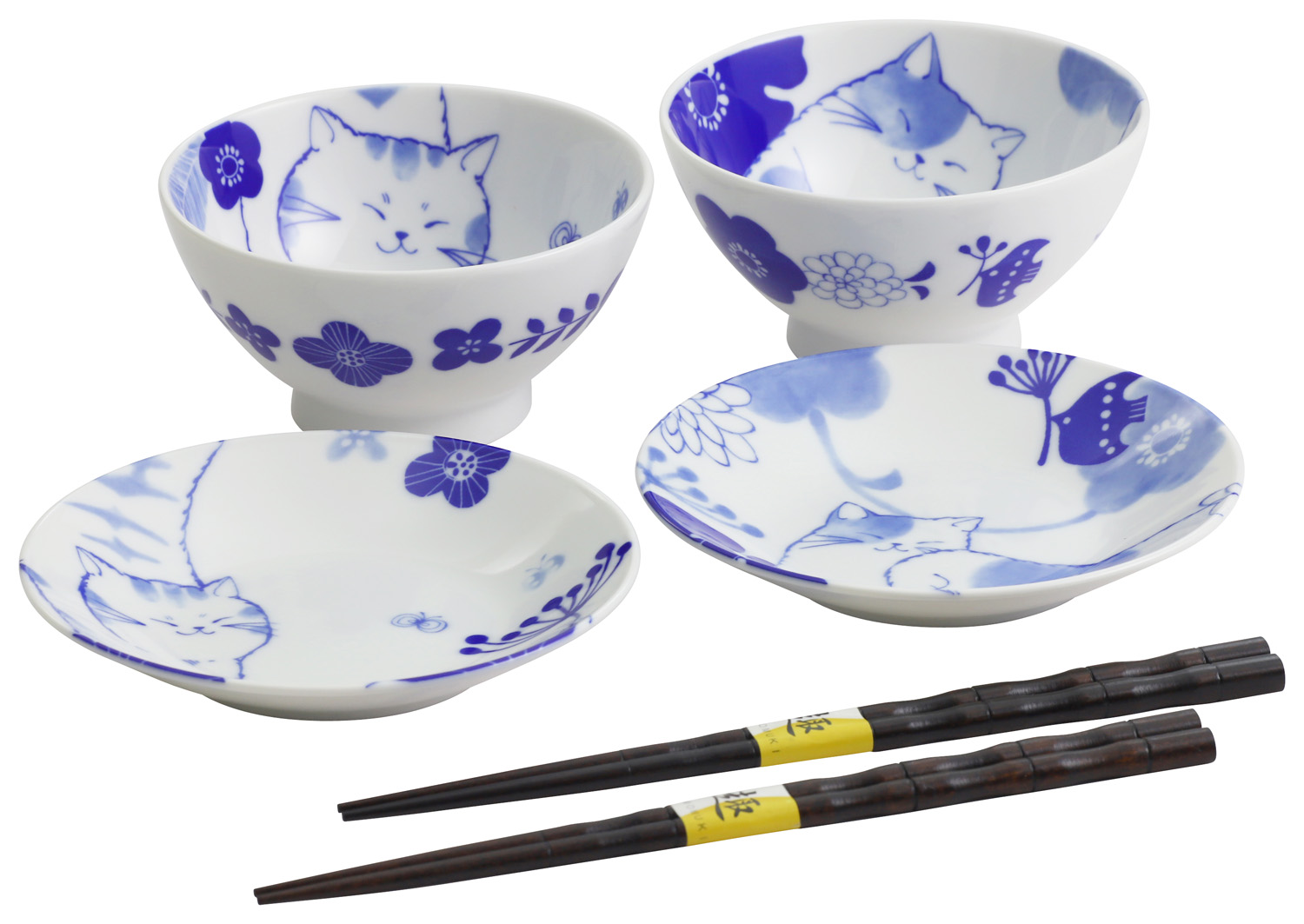 【ご紹介します！人気の猫の食器！】のほほん猫 飯碗小皿セット(箸付)