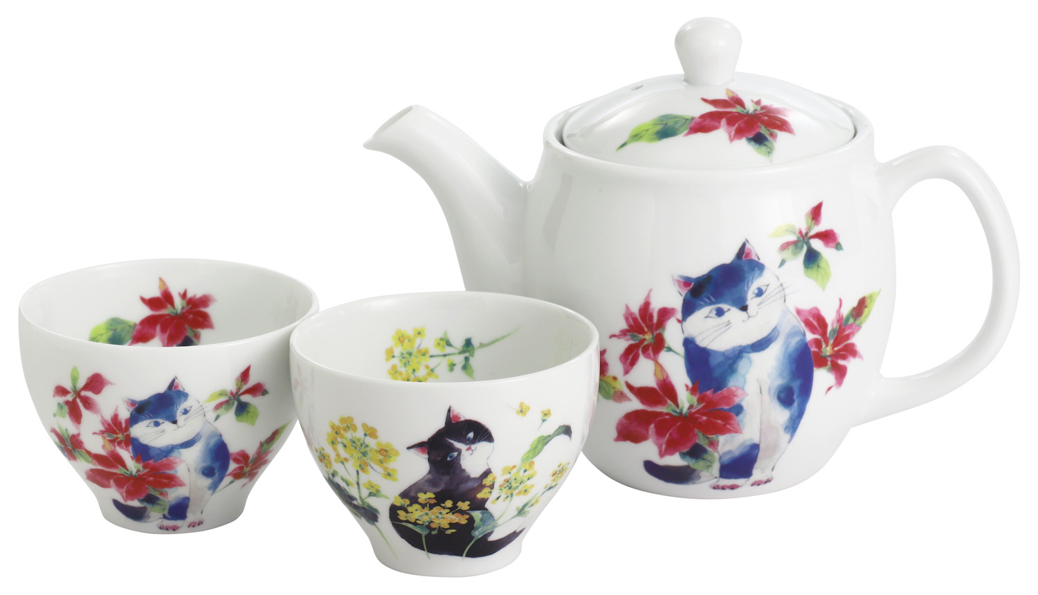 【ご紹介します！安心の日本製！人気の猫の食器！】ひだまり猫ペアポット茶器