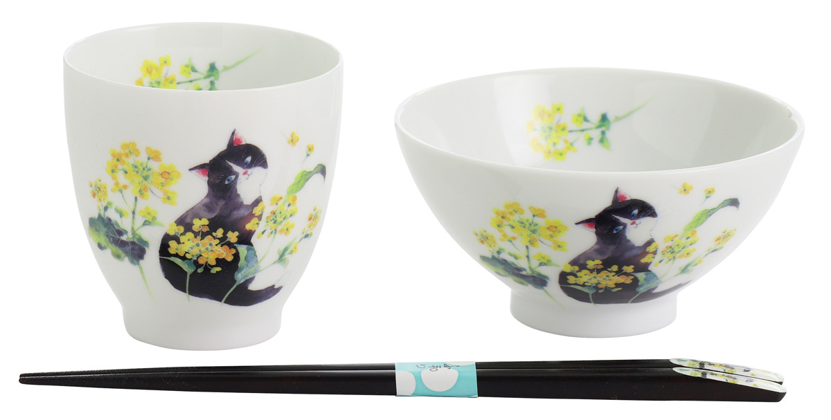 【ご紹介します！安心の日本製！人気の猫の食器！】ひだまり猫飯碗湯呑 菜の花(天宝箸付)