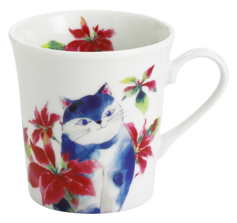 【ご紹介します！安心の日本製！人気の猫の食器！】ひだまり猫マグ ポインセチア
