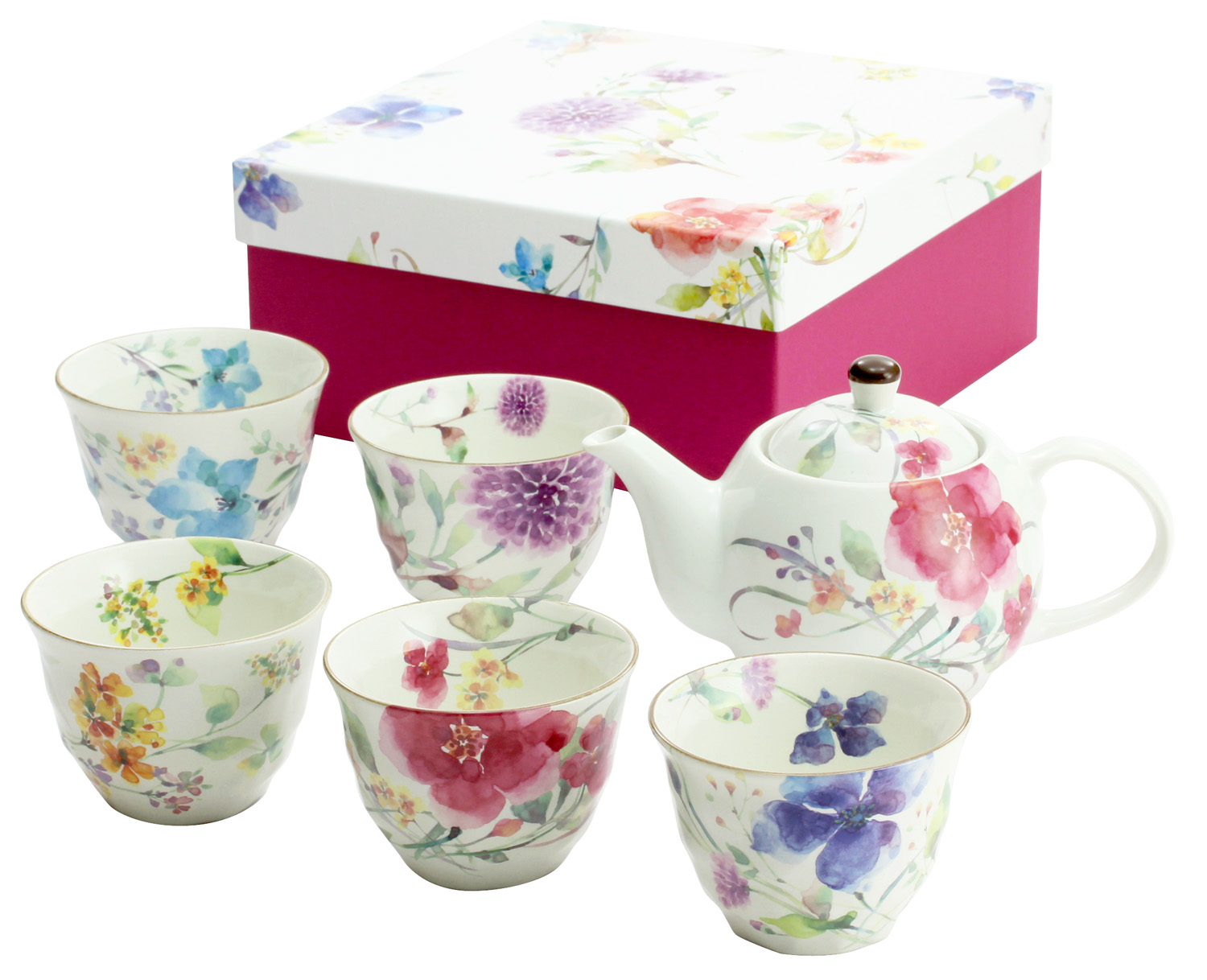 【ご紹介します！安心の日本製！美濃焼　和藍『花水彩』シリーズです！】花水彩５客ポット茶器