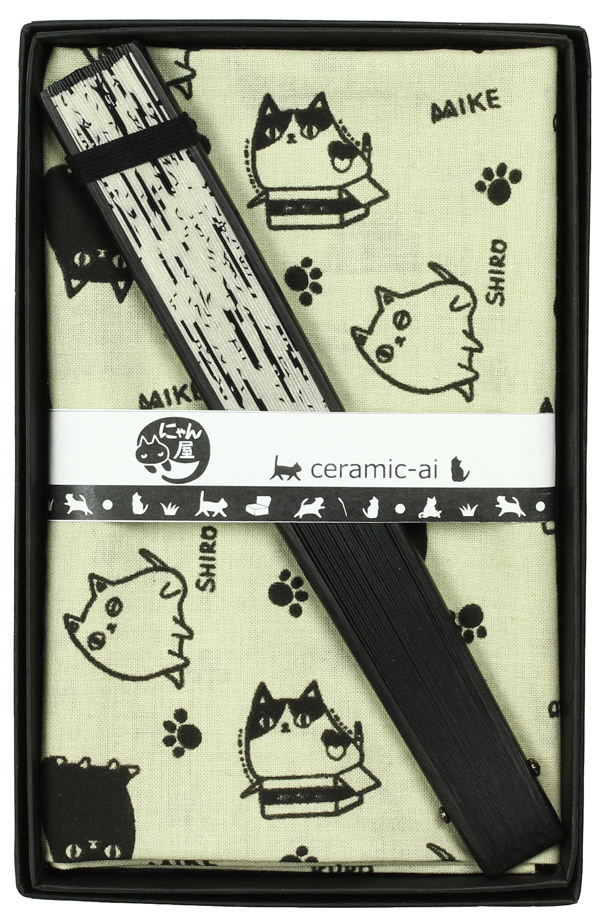 【ご紹介します！人気のにゃん屋の猫3兄弟シリーズ！】猫３兄弟扇子＆手拭い　グレー