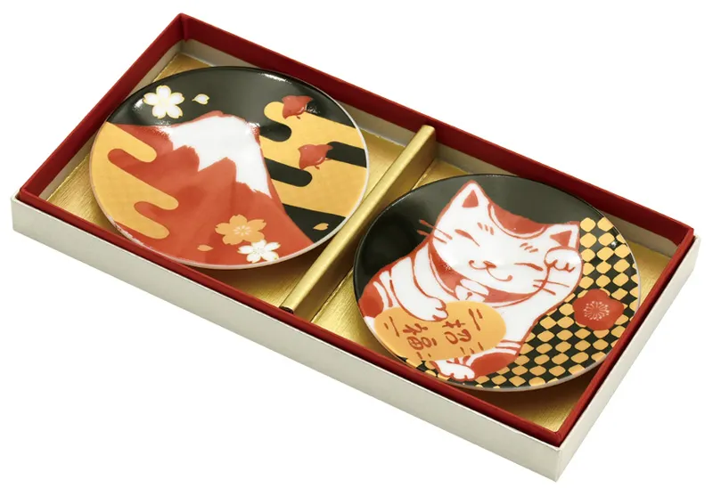 【ご紹介します！日本製！美濃焼 『RINPA』 シリーズです！】縁起小皿セット猫＆富士山