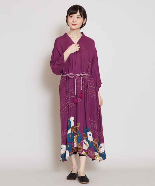 【ご紹介します！ブランド『カヤ』のお洒落な服！冬牡丹 着物風ワンピース】PU MURASAKI