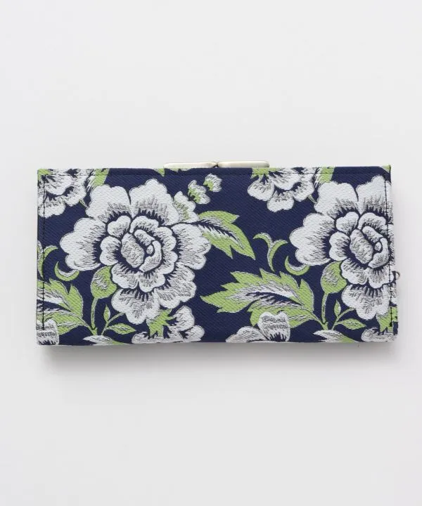 【ご紹介します！日本製！刺繍が美しい！大きく開くから取り出しやすい！楚々がま口長財布】ボタン　アオ
