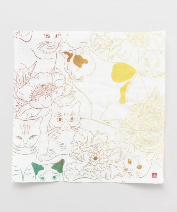 【安心の日本製！ブランド『カヤ』の布巾 猫と花】キイロ