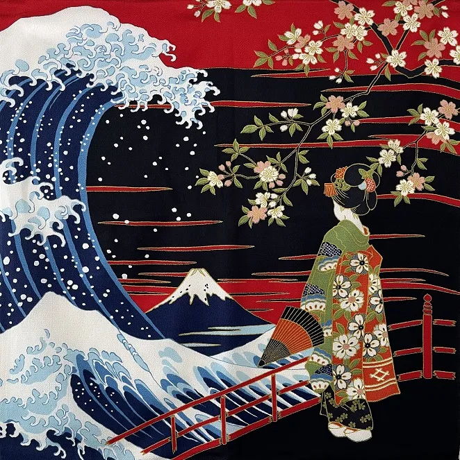 【ご紹介します！安心の日本製！伝統の浮世絵を纏った二巾ちりめんふろしき！】浪裏富士に舞妓