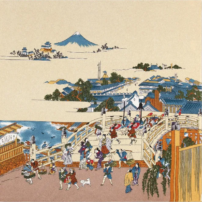【ご紹介します！安心の日本製！伝統の浮世絵を纏った二巾ちりめんふろしき！】日本橋