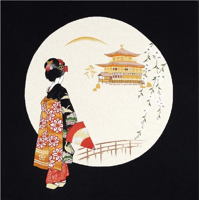 【ご紹介します！安心の日本製！伝統の浮世絵を纏った二巾ちりめんふろしき！】丸取金閣に舞妓