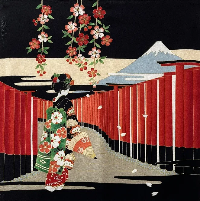 【ご紹介します！安心の日本製！伝統の浮世絵を纏った二巾ちりめんふろしき！】鳥居に舞妓