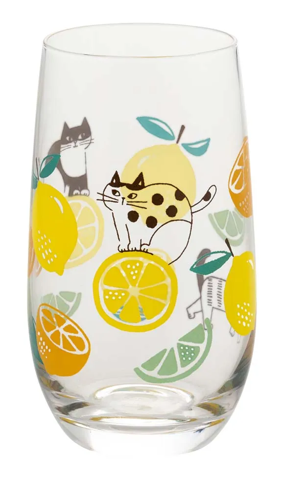 【新登場！fikaシリーズ！ほっこり可愛い猫の柄！】FIKAグラス L  レモン