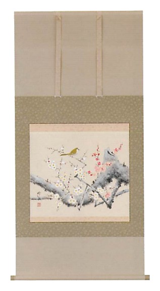 【ご紹介します！信頼の日本製！伝統に培われた技法で製作された高級掛軸！】梅に鶯　奥田吟水
