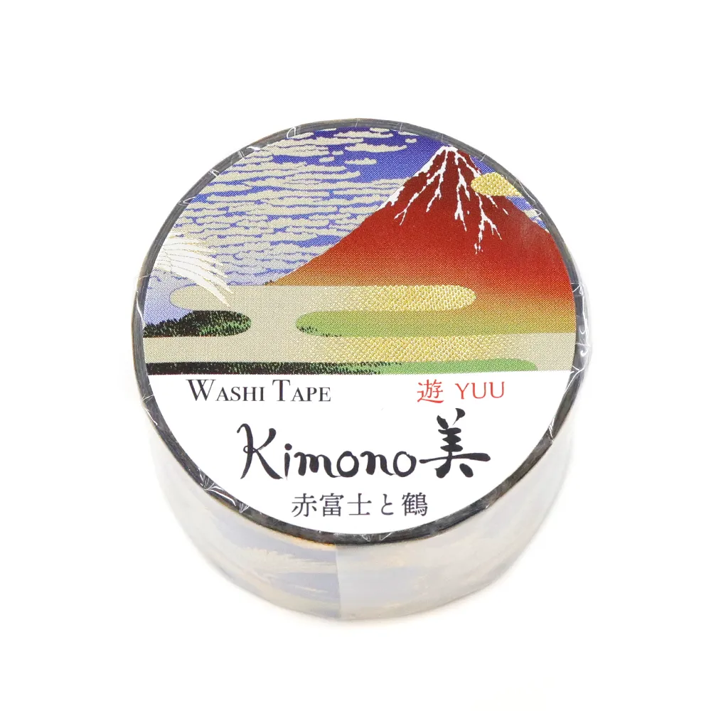 【安心の日本製！上品で華やかな和紙マスキングテープ！kimono美シリーズ　遊】赤富士と鶴 25mm