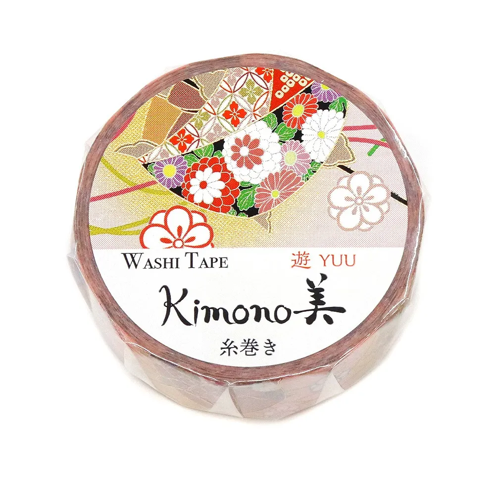 【安心の日本製！上品で華やかな和紙マスキングテープ！kimono美シリーズ　遊】糸巻き 15mm