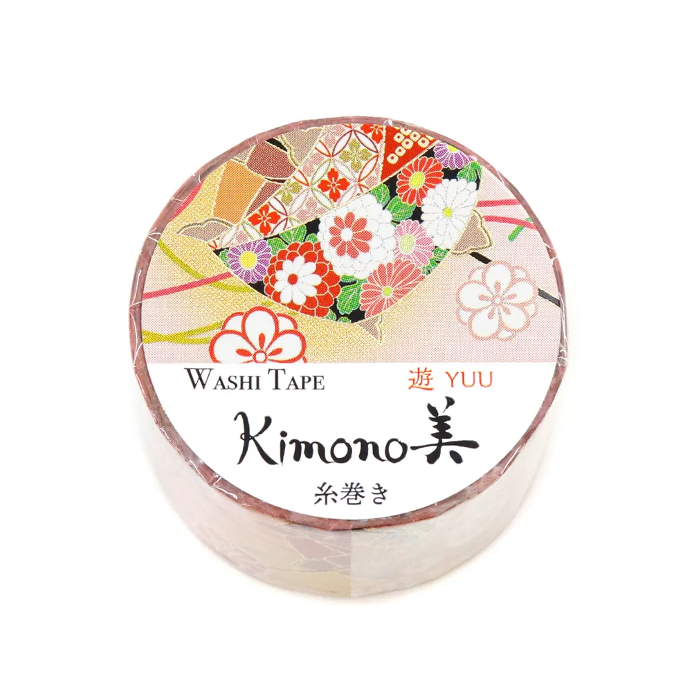【安心の日本製！上品で華やかな和紙マスキングテープ！kimono美シリーズ　遊】糸巻き 25mm