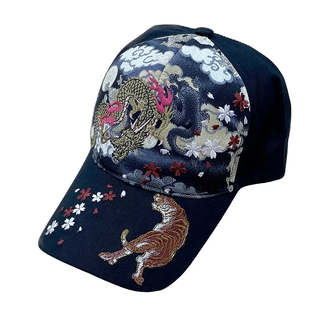 【新登場！華やかでカッコイイ刺繍！日本製ちりめん生地使用！Ripple 刺繍綿CAP 】龍虎Ｂ／黒