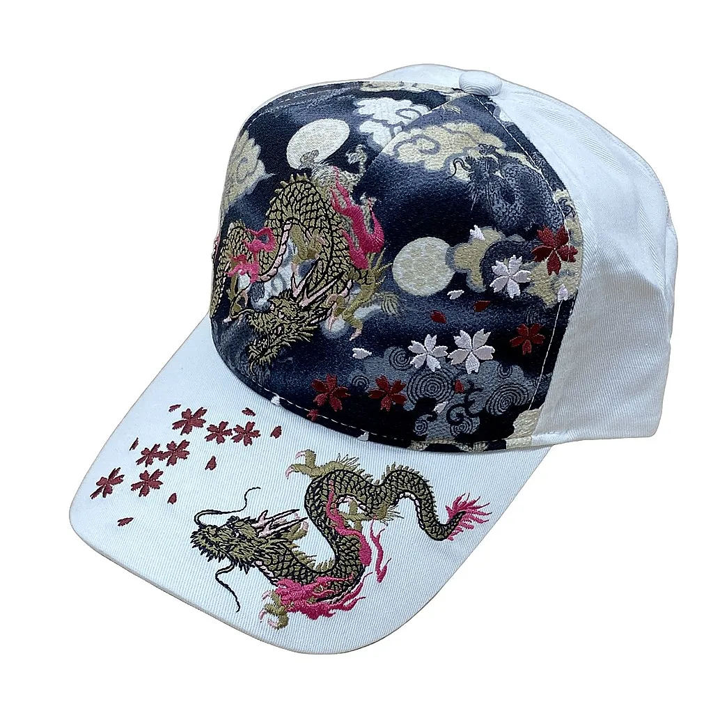 【新登場！華やかでカッコイイ刺繍！日本製ちりめん生地使用！Ripple 刺繍綿CAP 】双龍／オフ