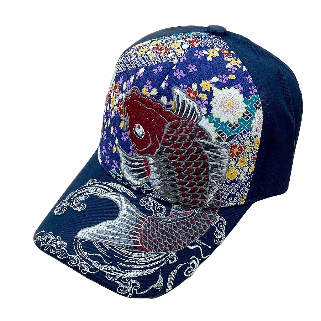 【新登場！華やかでカッコイイ刺繍！日本製ちりめん生地使用！Ripple 刺繍綿CAP 】紅鯉／紺