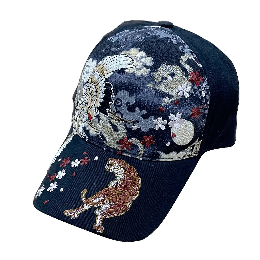 【新登場！華やかでカッコイイ刺繍！日本製ちりめん生地使用！Ripple 刺繍綿CAP 】鶴虎／黒