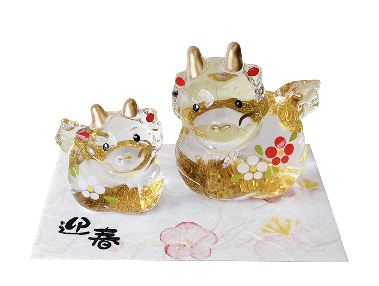 【新登場！新年を祝う！ほっこりかわいい硝子お飾り！】辰 金彩親子飾り・中
