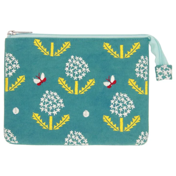 【ご紹介します！日本の伝統紋様をあしらった総刺繍！link 刺繍平ポーチ】蒲公英と蝶ｸﾞﾘｰﾝ