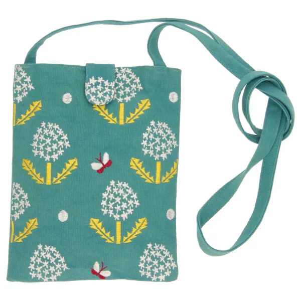 【ご紹介します！日本の伝統紋様をあしらった総刺繍！link刺繍スマホショルダー】蒲公英と蝶ｸﾞﾘｰﾝ