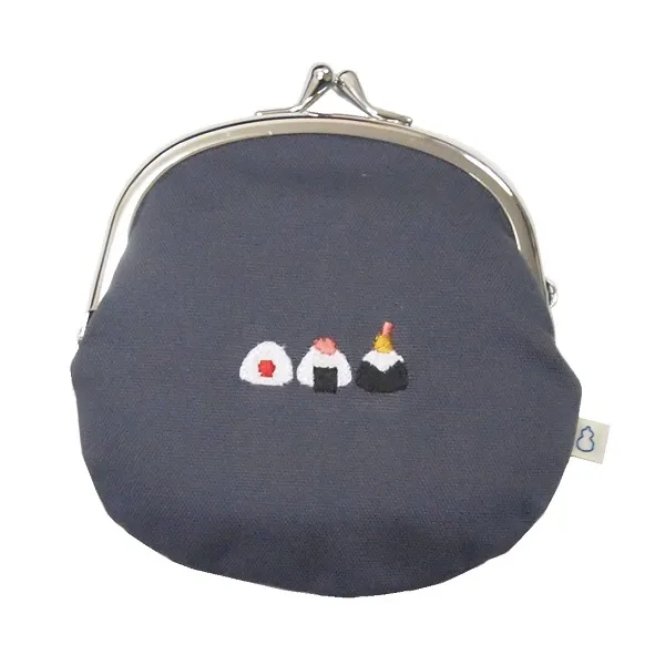 【新登場！安心の日本製！ほっこりかわいい！3.3寸がま口大 刺繍がま口】おにぎり　グレー
