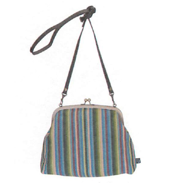 【ご紹介します！安心の日本製！彩りが美しい帆布製のバッグ！6.8寸口金ショルダー（中）】五色縞　緑