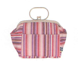 【ご紹介します！安心の日本製！彩りが美しい帆布製のバッグ！6.8寸口金バニティポーチ】五色縞　ピンク