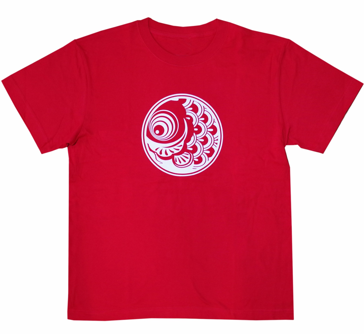 【鯉のぼりを可愛くデザインしたプリントTシャツ！鯉のぼりTシャツ大人用】丸鯉　赤地に白プリント