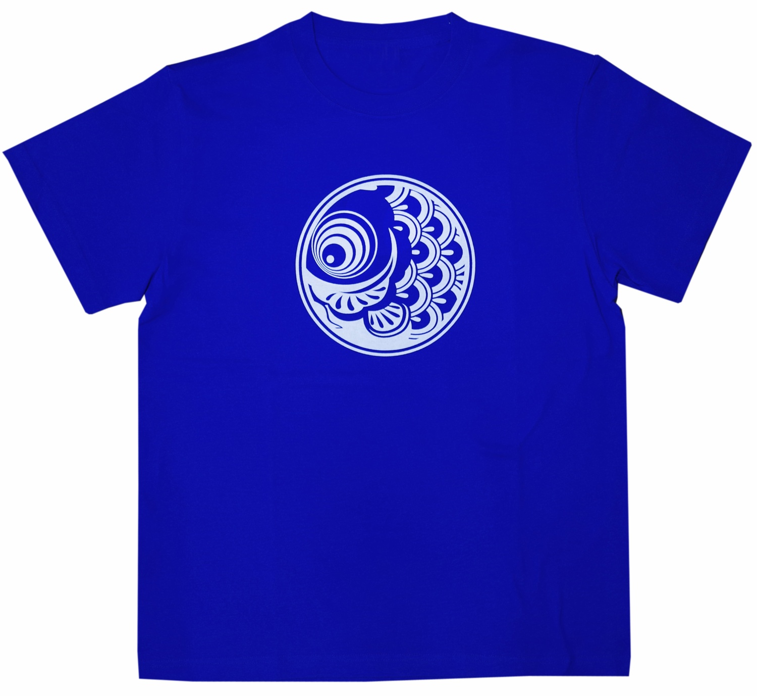 【鯉のぼりを可愛くデザインしたプリントTシャツ！鯉のぼりTシャツ大人用】丸鯉　青地に白プリント