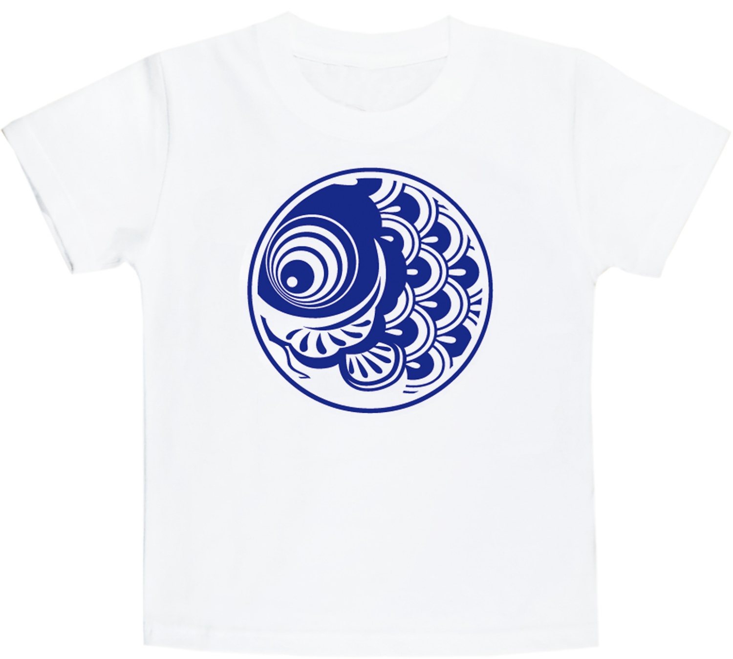 【鯉のぼりを可愛くデザインしたプリントTシャツシリーズ！鯉のぼりTシャツ子供用】丸鯉　白地に青プリント