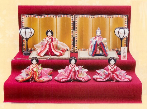 【ご紹介します！安心の日本製！古布調の正絹で手作りされた豪華な段飾り雛！古代調古代雛5人揃い】