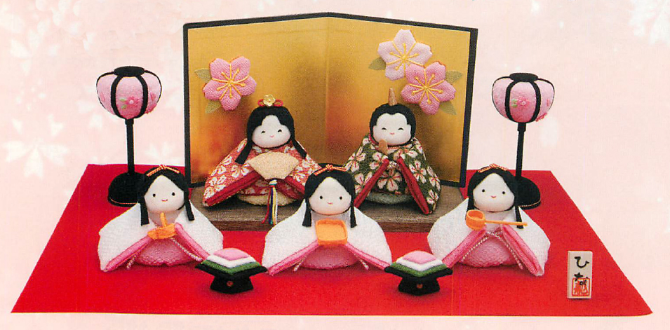 【新登場！日本製！五穀豊穣を表すお目出度い桜文様のお雛様】ぽてりひな5人(桜)屏風飾りセット