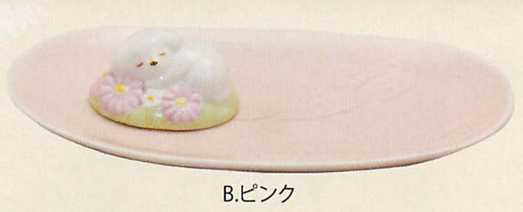 【新登場！かわいい猫の香立てと香皿のセット！】（磁）ねむり犬香立てセット（2色）B.ピンク
