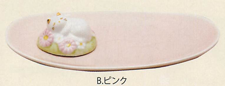 【新登場！かわいい犬の香立てと香皿のセット！】（磁）ねむり猫香立てセット（2色）B.ピンク