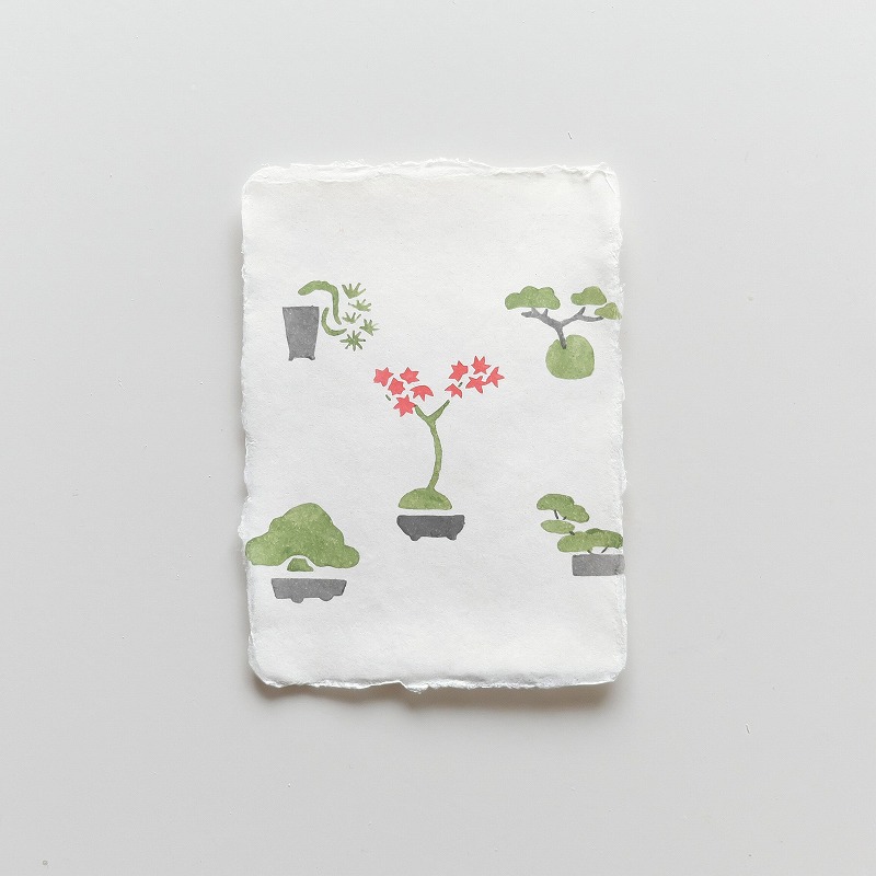 【ご紹介します！職人が伝統技法・型染で創作しました！】手摺り型染め因州和紙はがき 盆栽