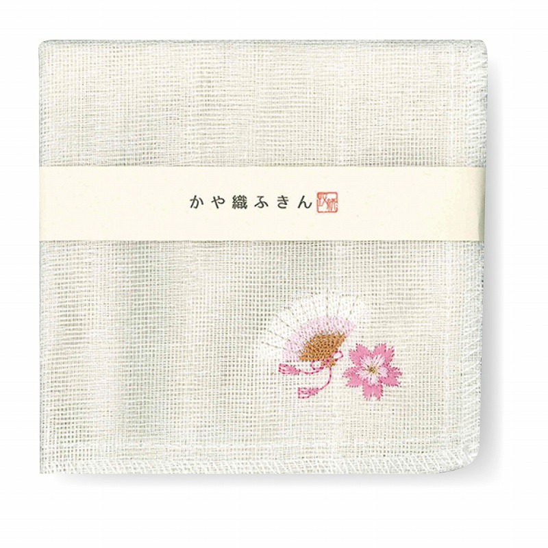 ご紹介します！かや織のふきんに日本らしい和柄の刺繍入り！かや織ふきん】桜せんす 和雑貨卸問屋