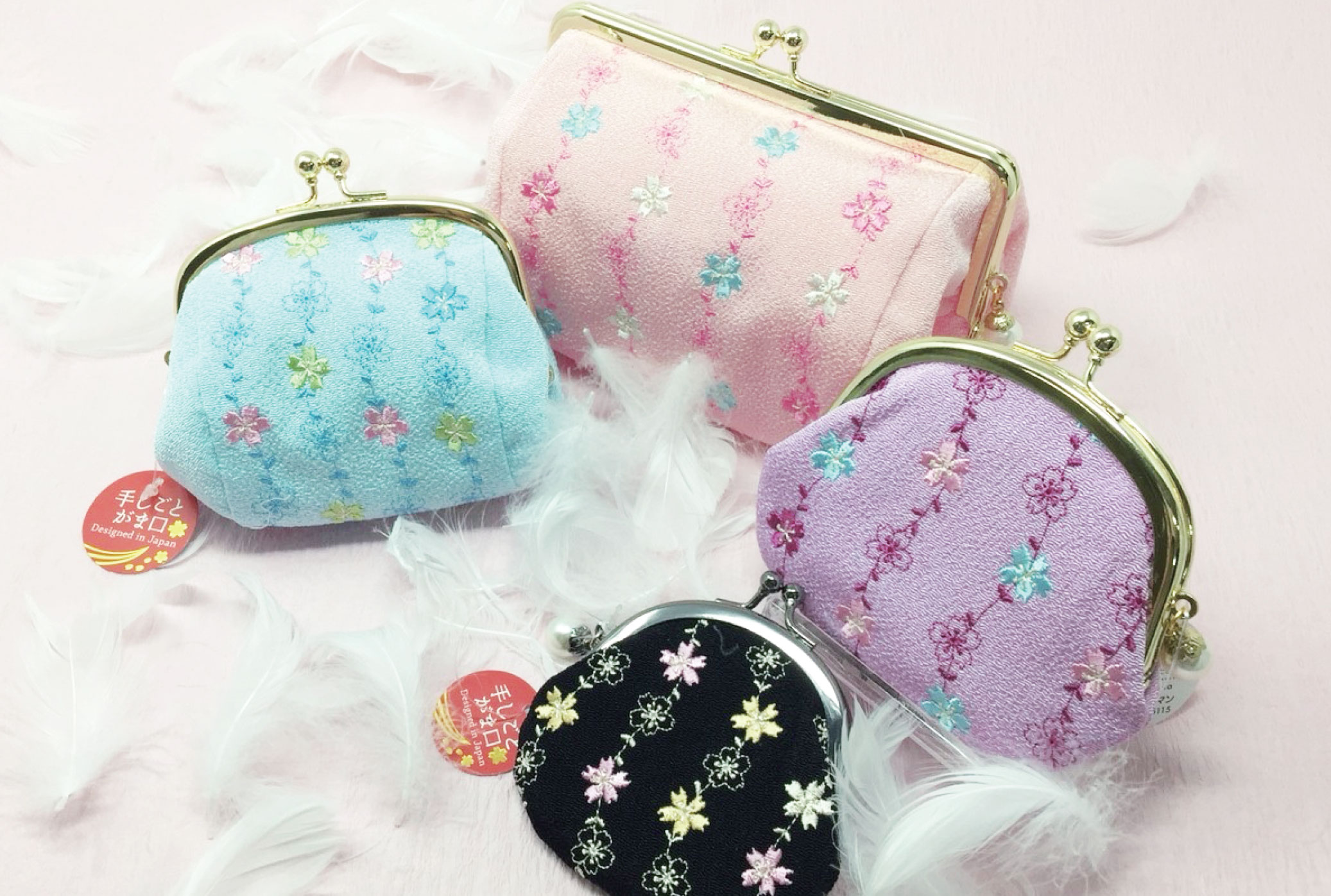 新登場！がま口タイプで使いやすい！桜柄の小物入れ！ なみ桜マチなし(大)】ブルー 和雑貨卸問屋
