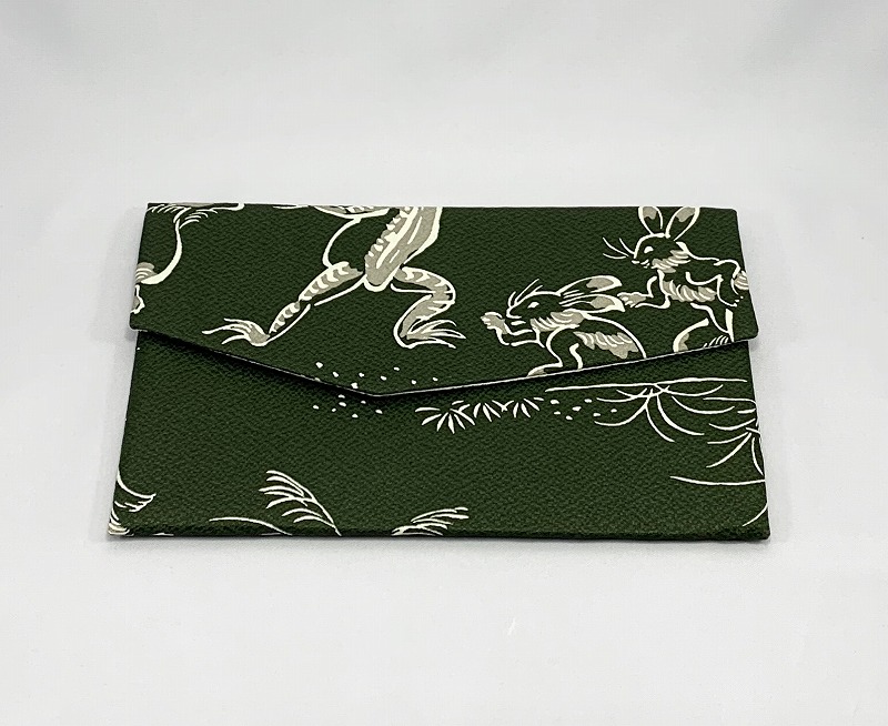 【ご紹介します！安心の日本製！正絹100％×日本の伝統美！】京友禅マスクケース 鳥獣戯画 深緑