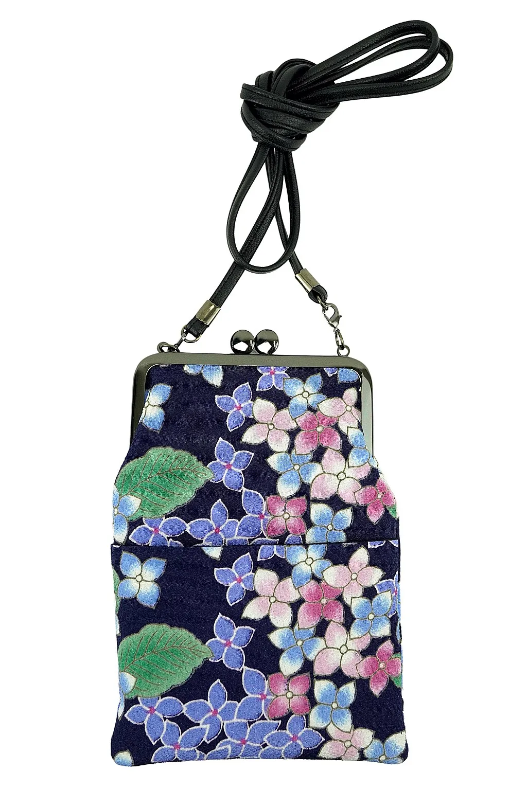 【新登場！日本製！和KOMONO 小紋工房　大人可愛い！がま口スマホショルダー】紫陽花　紺