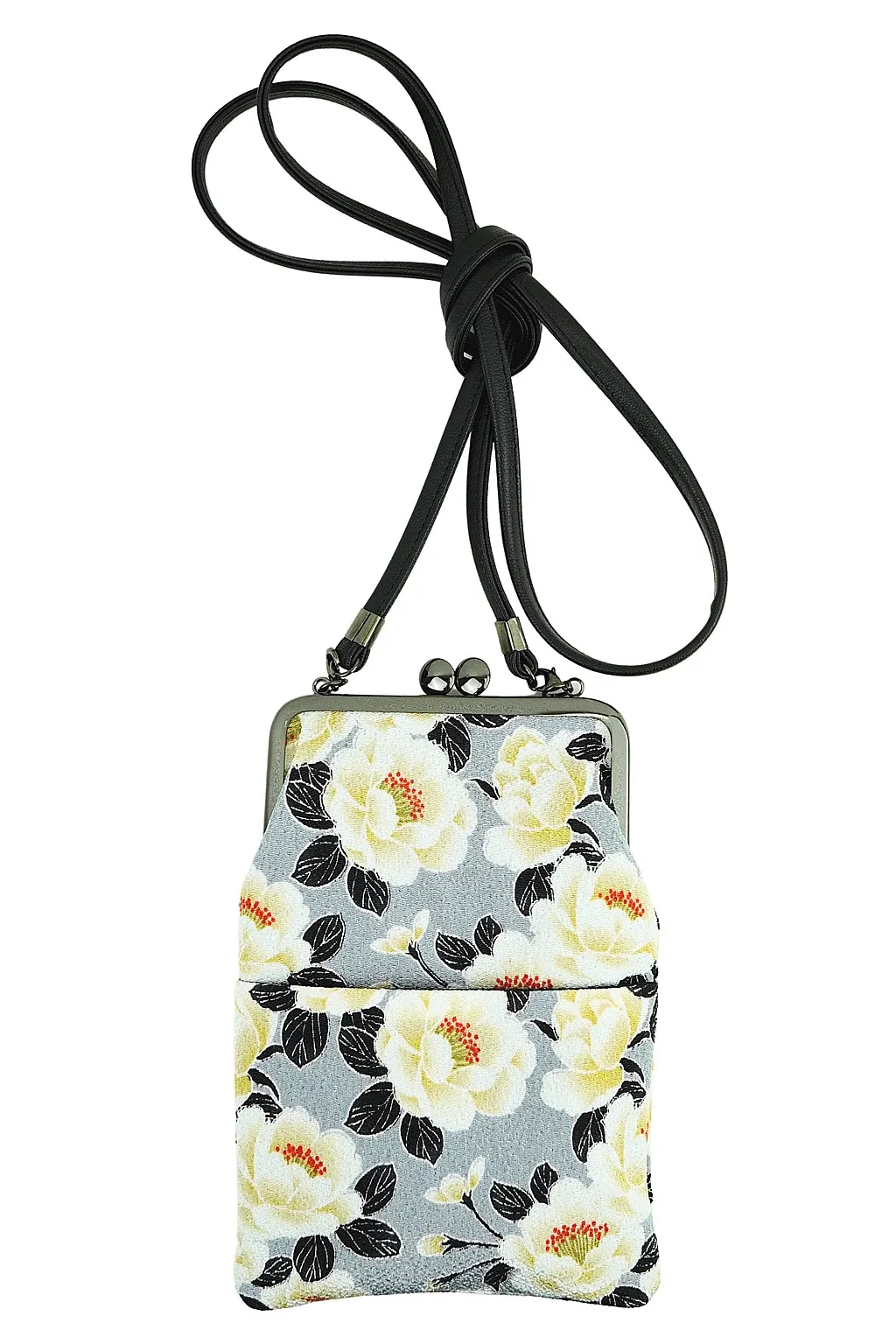 【新登場！日本製！和KOMONO 小紋工房　大人可愛い！がま口スマホショルダー】八重桜　グレー