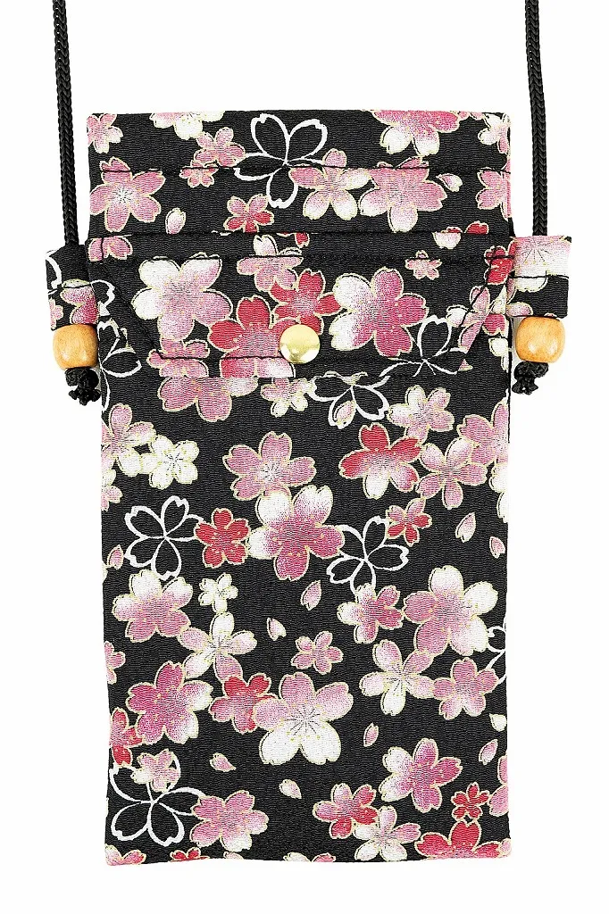 【新登場！和KOMONO 小紋工房　お洒落！ポシェットスマホショルダー】桜の舞　黒