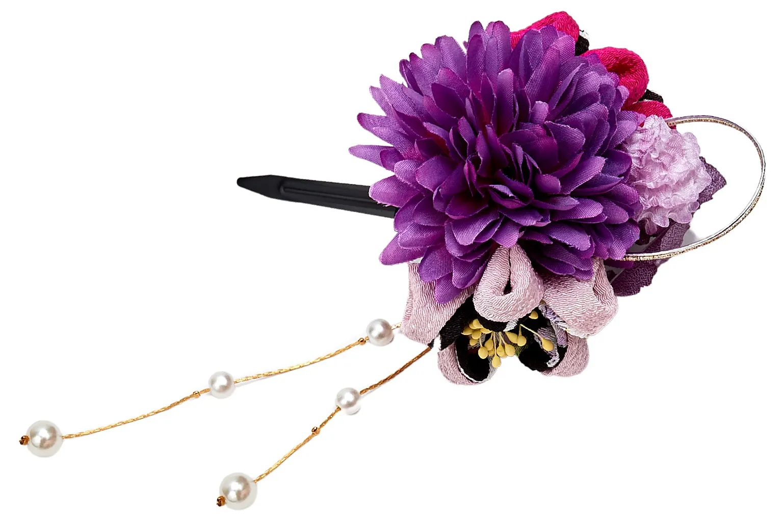 【新登場！和KOMONO 小紋工房　華やかな髪飾り！ちりめんお花クリップ】桜結び　黒×パープル