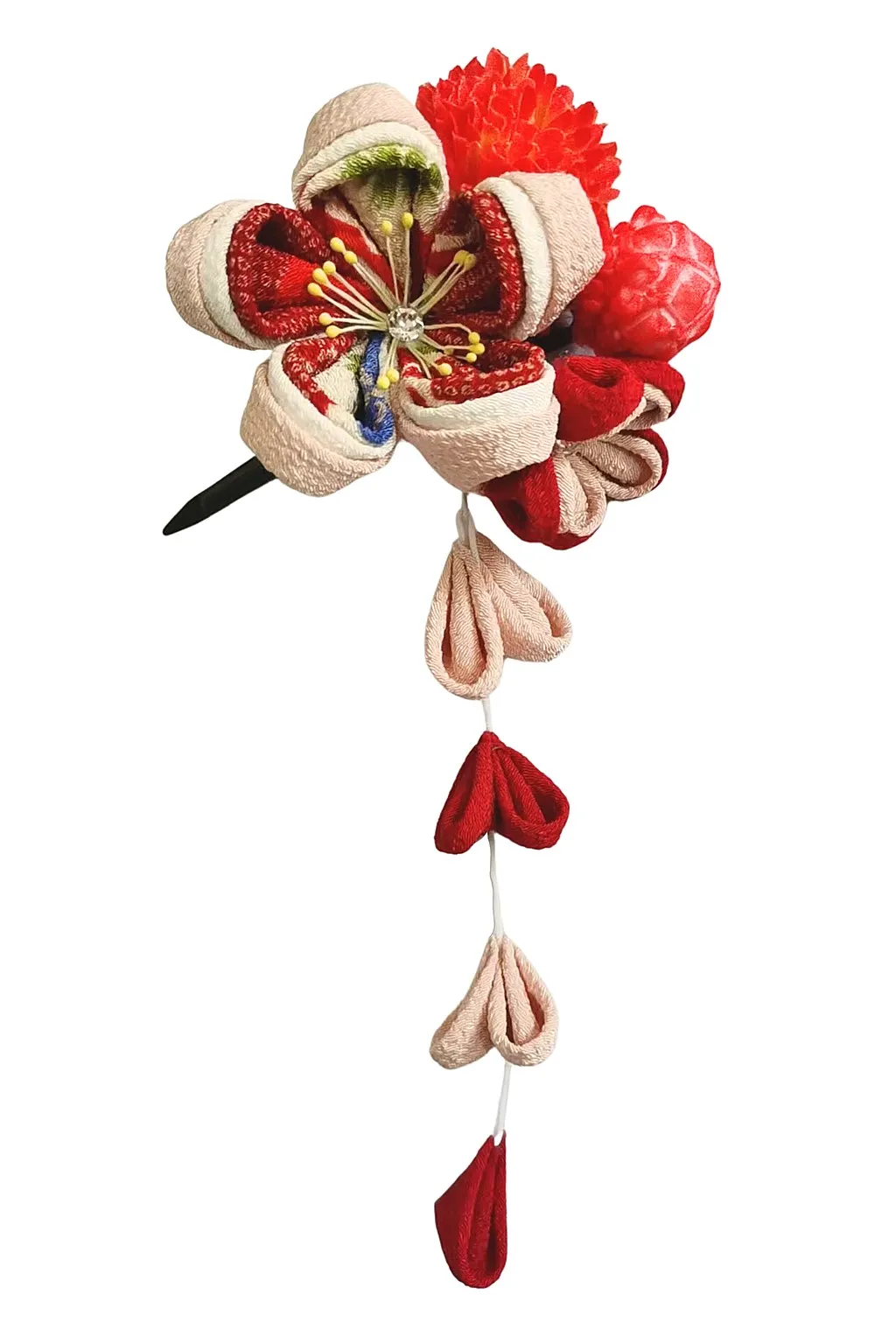 【新登場！和KOMONO 小紋工房　優美な髪飾り！ピンポンマムヘアクリップ】楓桜　赤×オレンジ